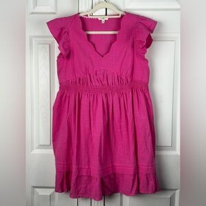 Umgee Pink Scallop Neck Flutter Sleeve Smocked Waist Dress Size M